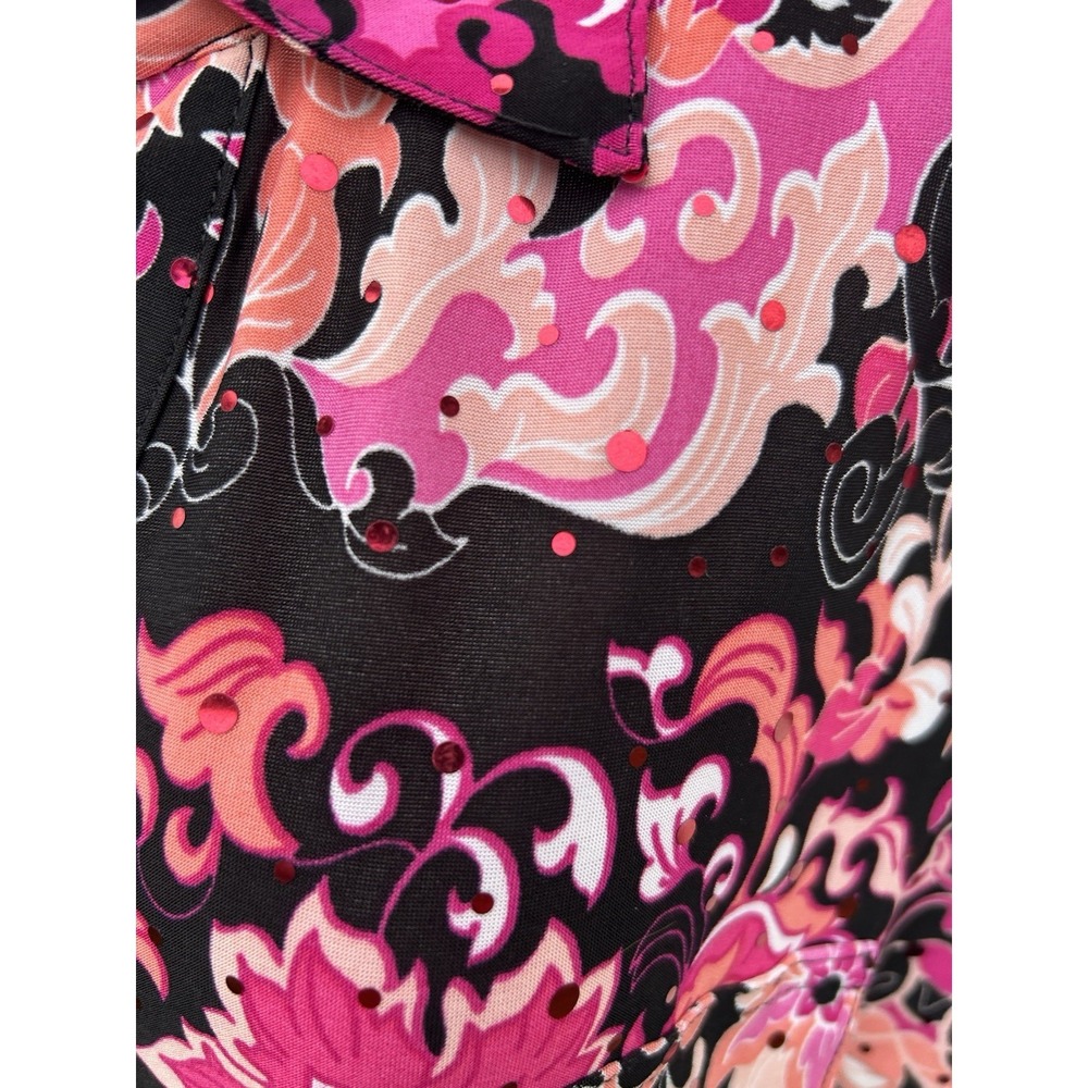 Emily Daniels XL Black Pink Floral Collared Sequin Button-Up 3/4 Sleeve Blouse - Picture 6 of 14
